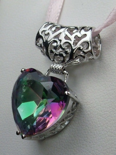 Mystic Topaz, Rainbow Topaz Heart Pendant, Heart shaped faceted gemstone, sterling silver filigree, antique design jewelry, vintage style jewelry, silver embrace Jewelry, P38
