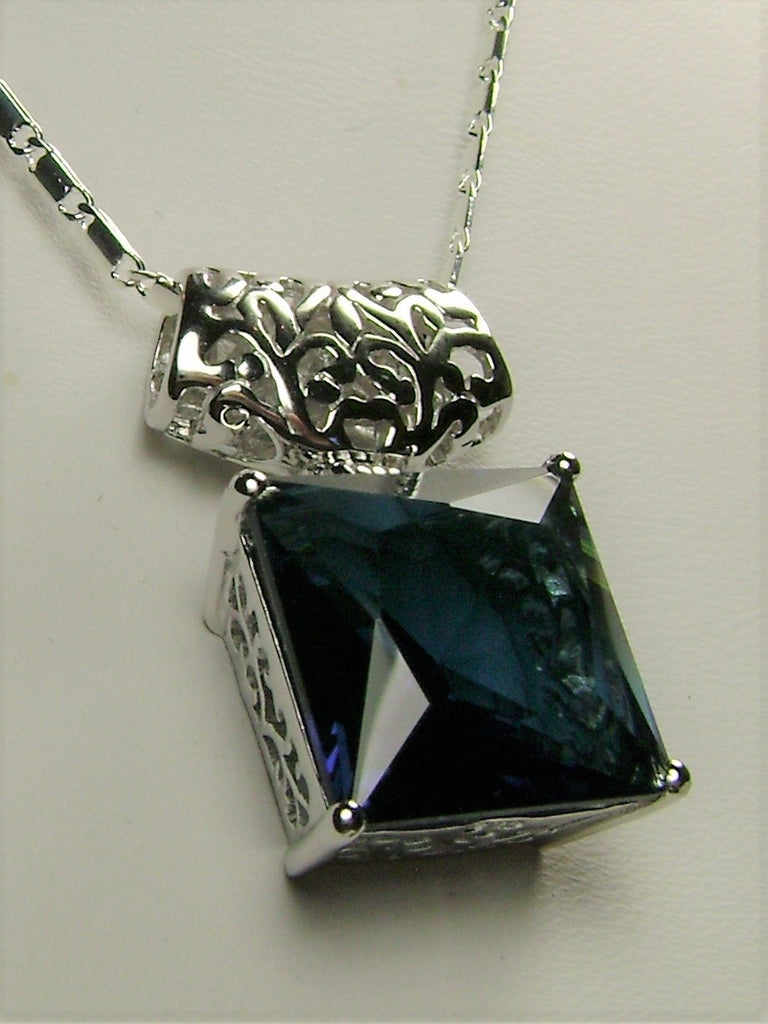 Blue Sapphire Square Pendant, Sterling Silver Art Deco Jewelry, Vintage style, Necklace, P45