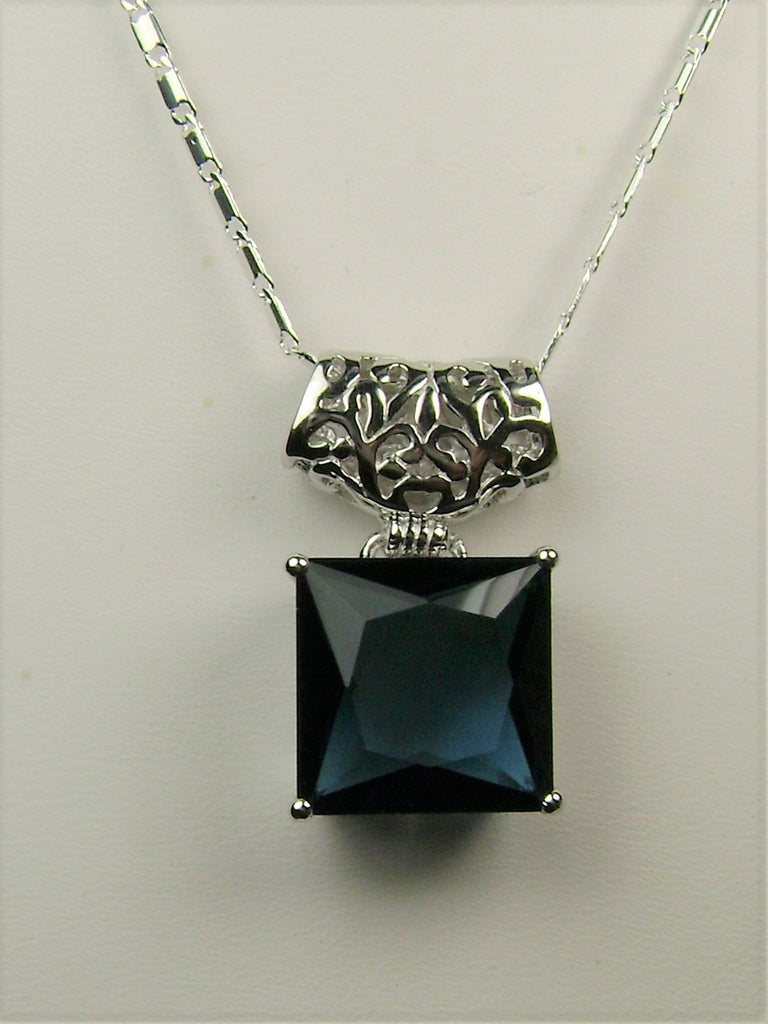 Blue Sapphire Pendant, Square Gem, Sterling Silver Filigree, Art Deco Jewelry, Silver Embrace Jewelry P45