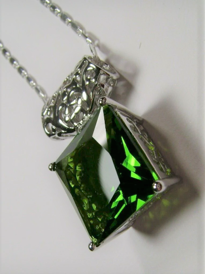 Green Peridot Square Pendant, Sterling Silver Art Deco Jewelry, Vintage style, Necklace, P45