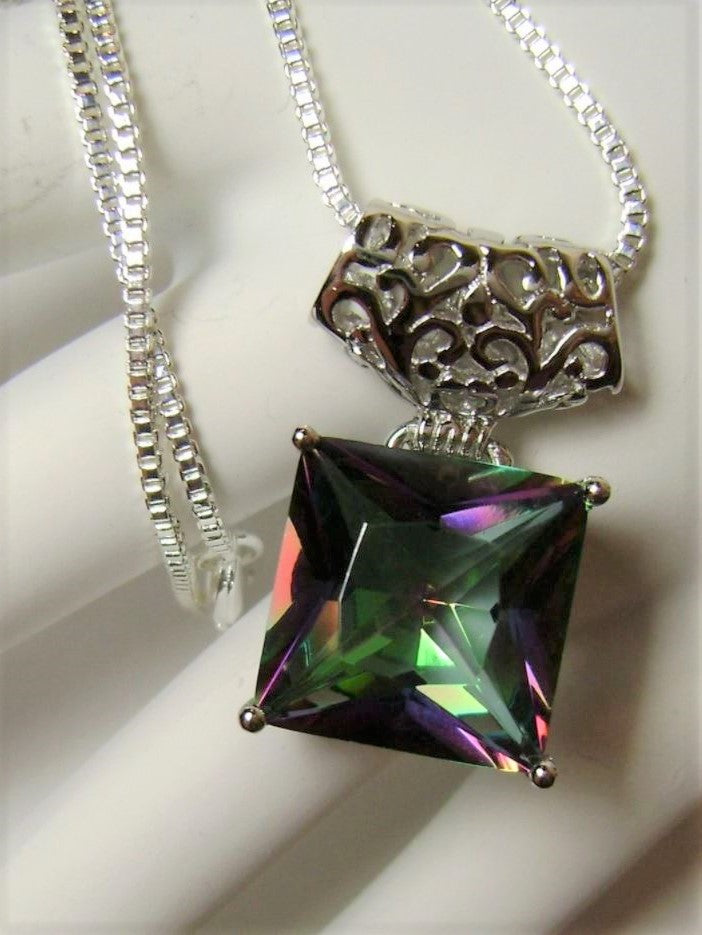 Mystic Topaz Square Pendant, Sterling Silver Art Deco Jewelry, Vintage style, Necklace, P45