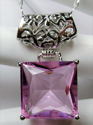Pink Topaz Square Pendant, Sterling Silver Art Deco Jewelry, Vintage style, Necklace, P45