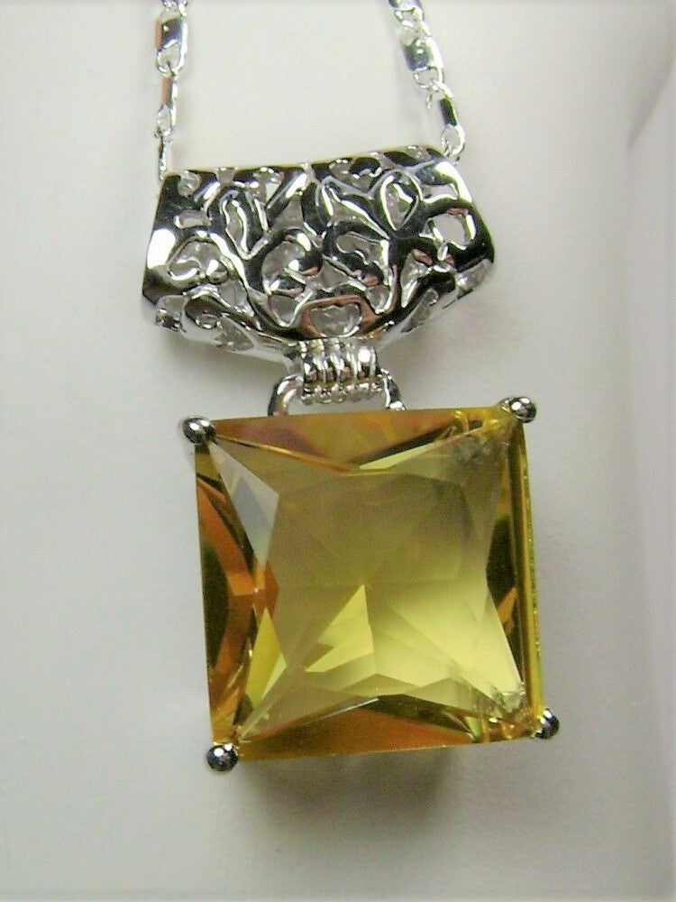 Lemon Yellow Citrine Square Pendant, Sterling Silver Art Deco Jewelry, Vintage style, Necklace, P45