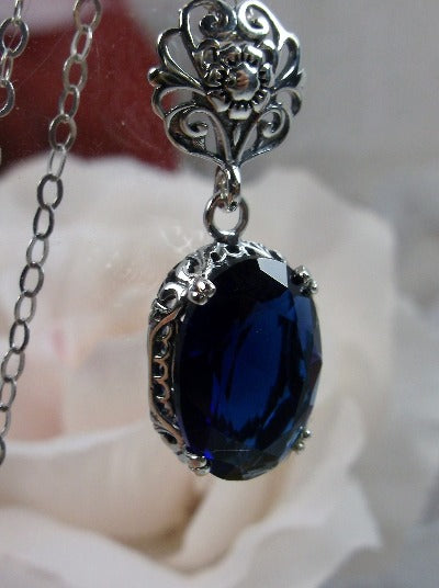 Blue Sapphire Pendant, Sterling Silver Floral Filigree, Edwardian Jewelry, Vintage Jewelry, Silver Embrace Jewelry, P70