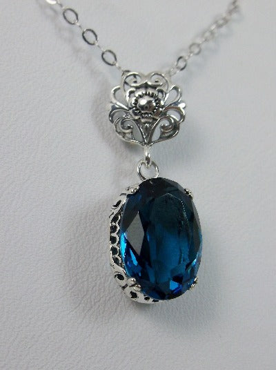 London Blue Topaz Pendant, Sterling Silver Floral Filigree, Edwardian Jewelry, Vintage Jewelry, Silver Embrace Jewelry, P70