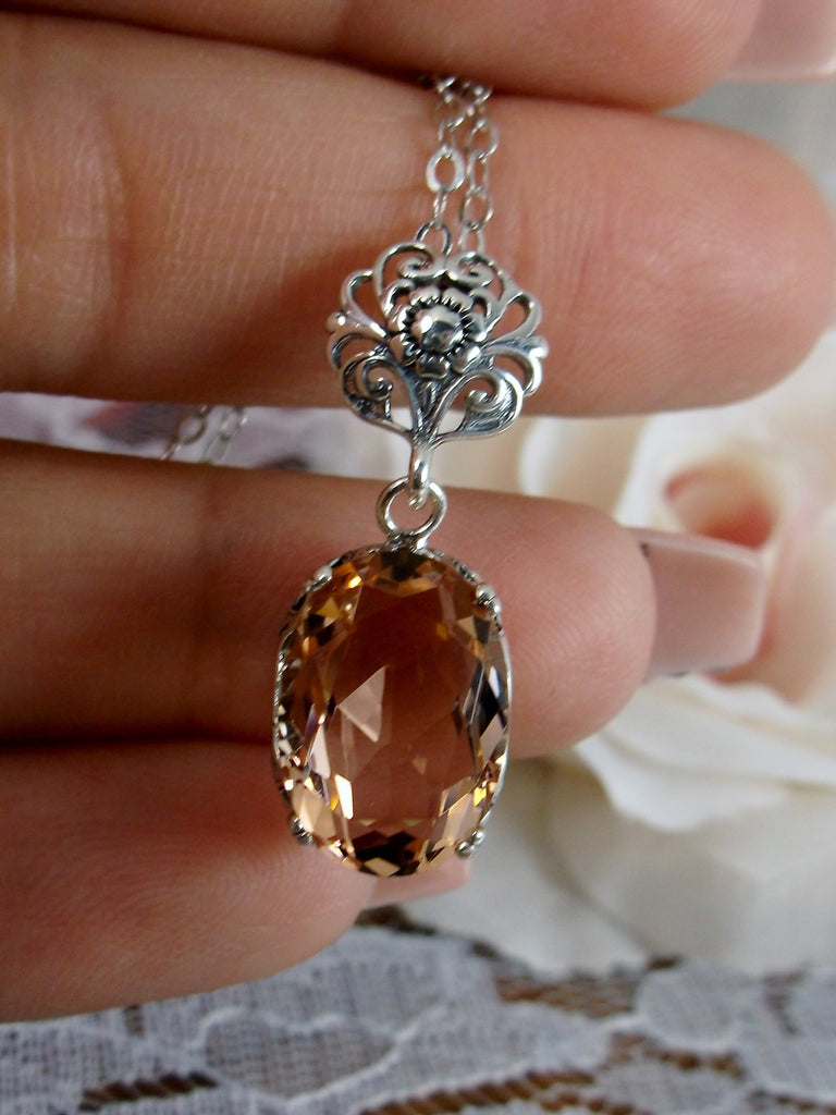 Peach CZ Pendant Necklace, Peach topaz pendant, with a peach oval stone set in floral sterling silver filigree, 4 prongs hold the gem in place, Silver Embrace Jewelry