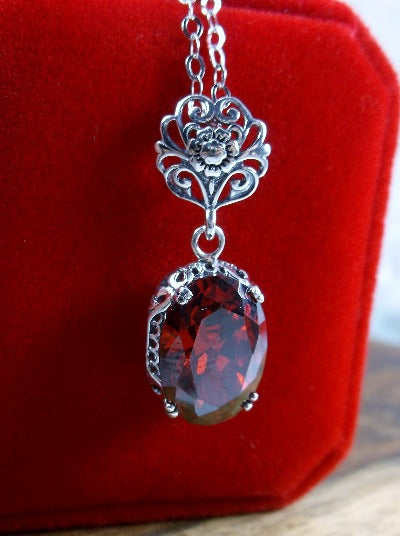 Red Garnet Cubic Zirconia (CZ) Pendant, Sterling Silver Floral Filigree, Edwardian Jewelry, Vintage Jewelry, Silver Embrace Jewelry, P70
