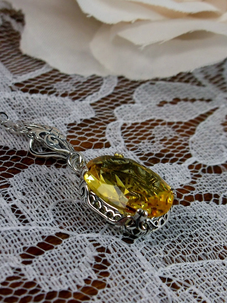 Yellow Citrine Pendant Necklace, yellow pendant, with a yellow citrine oval stone set in floral sterling silver filigree, 4 prongs hold the gem in place, Silver Embrace Jewelry