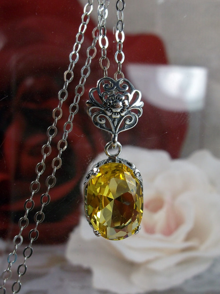 Yellow Citrine Pendant Necklace, yellow pendant, with a yellow citrine oval stone set in floral sterling silver filigree, 4 prongs hold the gem in place, Silver Embrace Jewelry