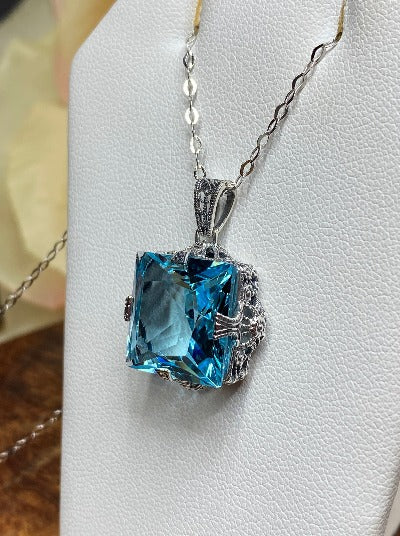 Square Victorian Necklace with Chain, Sky Blue Aquamarine Jewelry, Sterling silver Jewelry, Silver Embrace Jewelry, S77