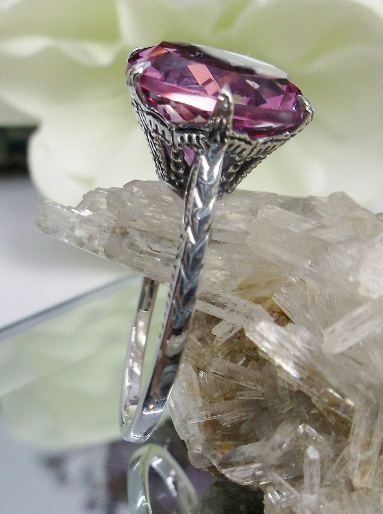 Pink Topaz Ring, Natural gemstone, classic solitaire, Victorian sterling silver filigree