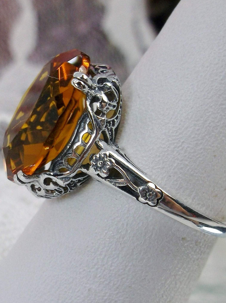 Orange Citrine Ring, 6 carat simulated citrine, oval gem, Sterling Silver floral filigree, Edward design #D70
