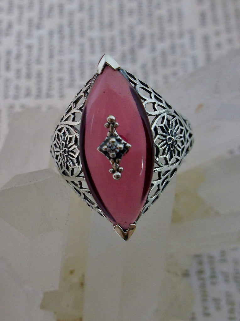 Pink Camphor Glass Ring, Marquise shape CZ inset gem, Edwardian Silver Filigree Jewelry