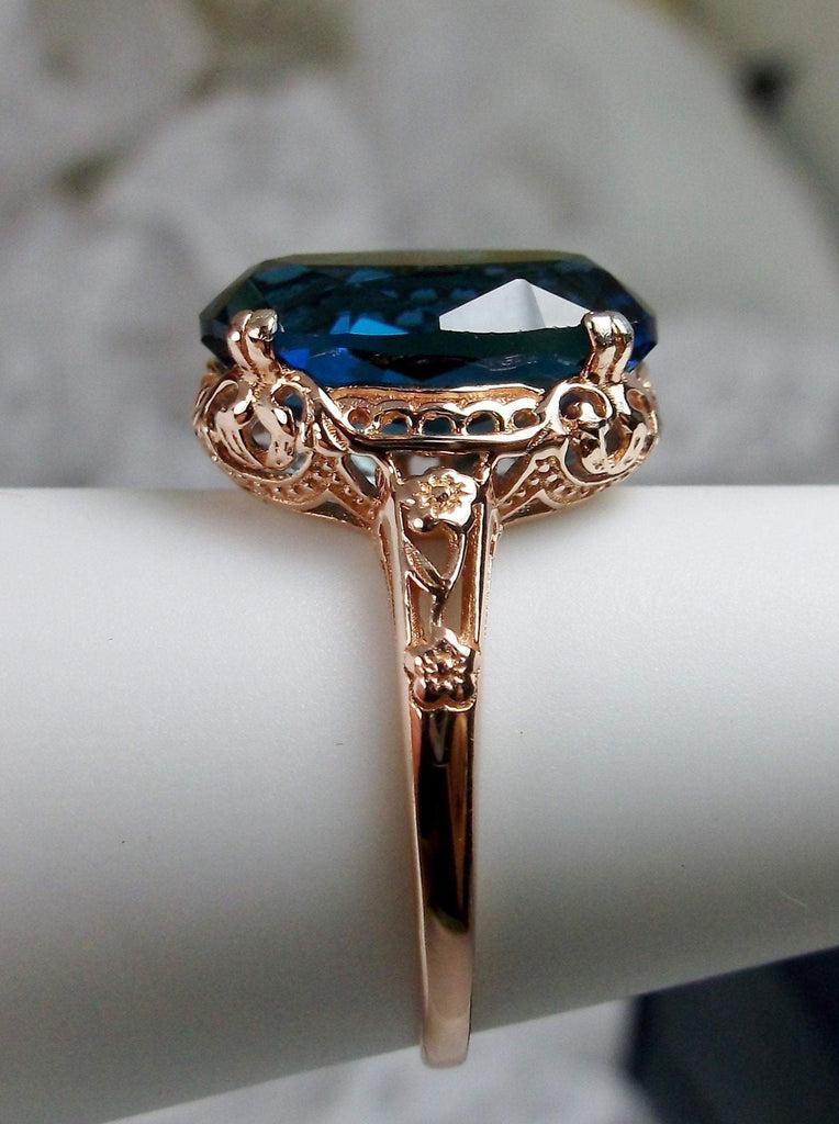 London Blue Topaz Ring,  6 carat oval faceted simulated gemstone, Rose Gold over Sterling Silver floral filigree, Edward design #D70