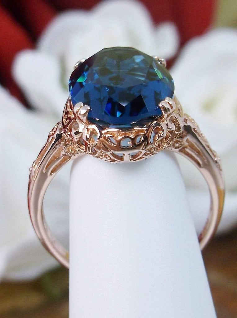 London Blue Topaz Ring,  6 carat oval faceted simulated gemstone, Rose Gold over Sterling Silver floral filigree, Edward design #D70