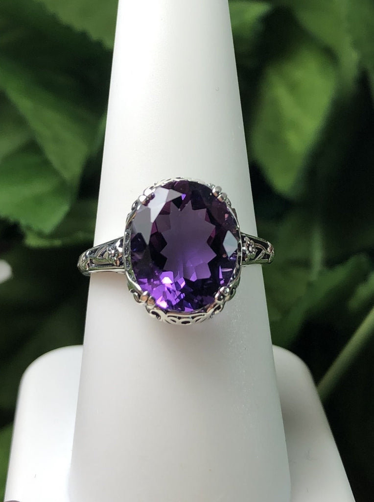 Natural Amethyst Ring, 3.3ct Natural oval Amethyst, Sterling Silver floral Filigree, Edward design #D70z, top view on hand form
