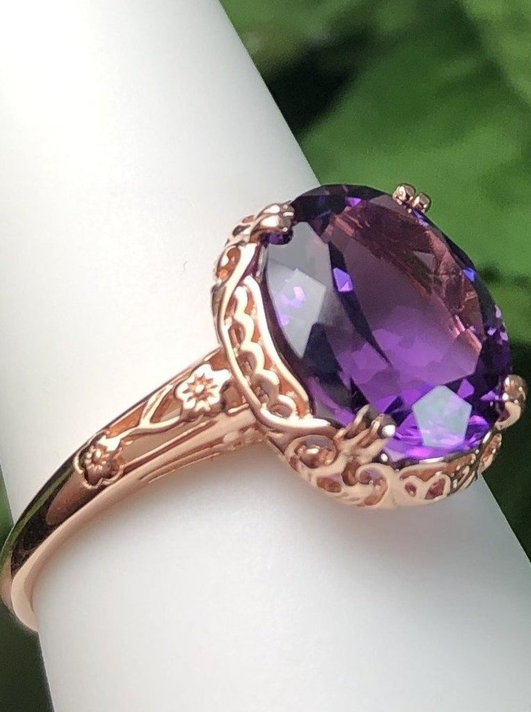 Natural Amethyst Ring, 3.3ct Natural oval Amethyst, Rose Gold over Sterling Silver floral Filigree, Edward design #D70z, offset side & top view