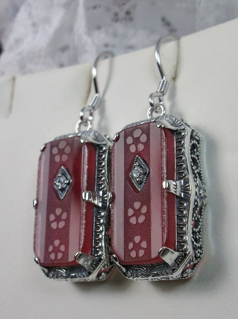 Pink Camphor Glass Earrings, Art Deco Jewelry, Silver Embrace Jewelry