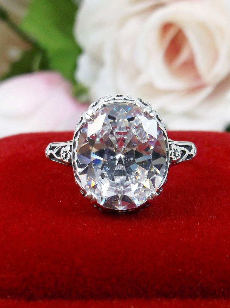 White CZ Ring, cubic zirconia gemstone, Sterling Silver floral Filigree, Edward design #D70z, top view