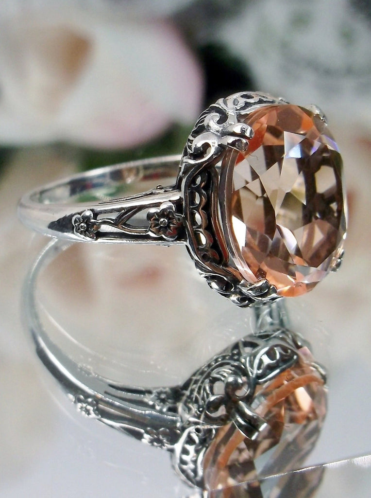 Peach Topaz Ring, 4 carat simulated topaz, Sterling Silver floral Filigree, Edward design #D70z, side view on a mirror