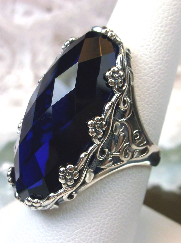 Blue Sapphire Ring, Victorian Filigree Jewelry, Sterling Silver, Silver Embrace Jewelry, Rosey D97
