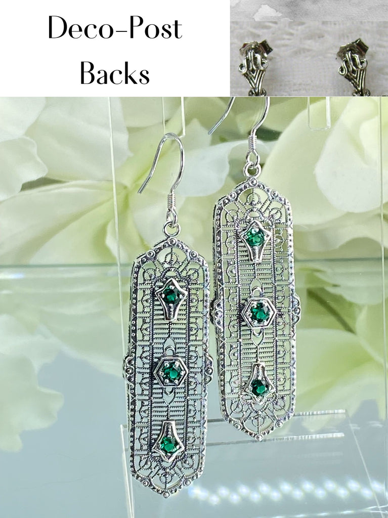 Natural Emerald Earrings, Edwardian Intricate Filigree, 3 Kings, Sterling Silver Jewelry, Silver Embrace Jewelry, E197 - Deco Post backs