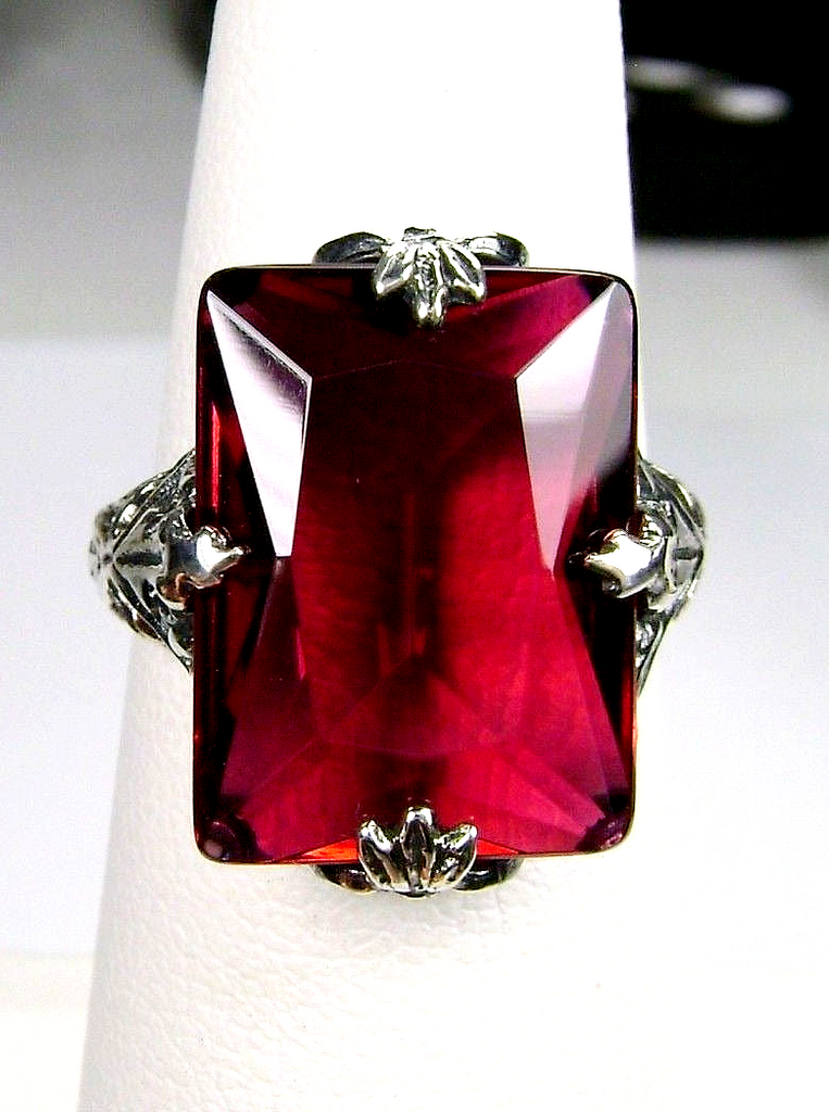 Ruby Ring, Simulated Gemstone, Art Deco 1930s Leaf and floral sterling silver filigree, Reproduction Vintage Jewelry, D15, Silver Embrace Jewelry