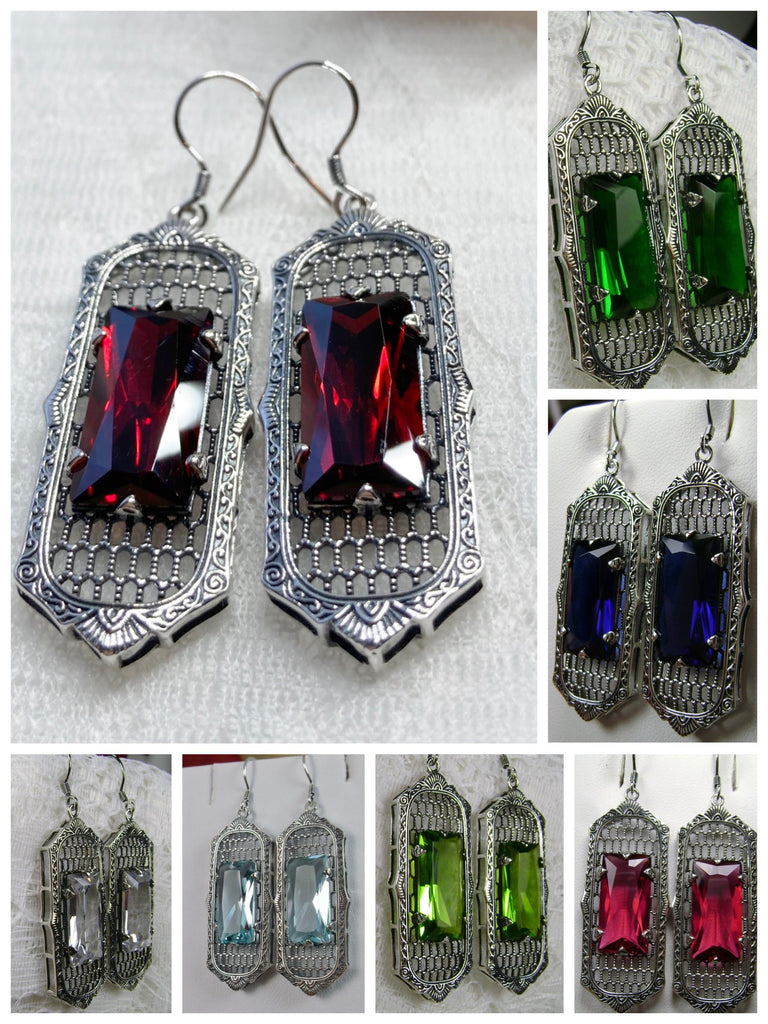 Art Deco Earrings, Baguette Gem, 1930s Reproduction Jewelry, Sterling silver filigree, Silver Embrace Jewelry, E16