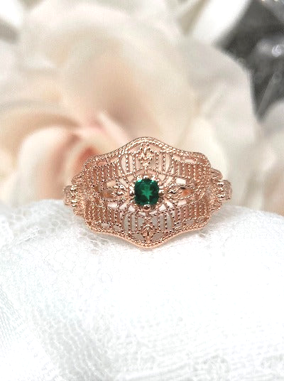 Natural Green Emerald Ring, Art Deco vintage style, solitaire with Rose gold plated sterling silver filigree, Vintage Jewelry, Silver Embrace Jewelry D218 DecoVic