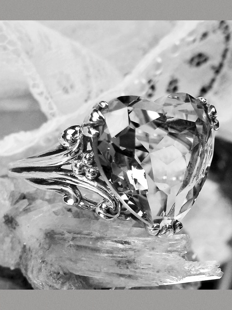 Black and white photo of a Ring, Heart shaped Gemstone Ring, Heart Ring, Gothic Art Deco Design, heartleaf, Sterling Silver Filigree, Vintage Jewelry, Silver Embrace Jewelry, D213