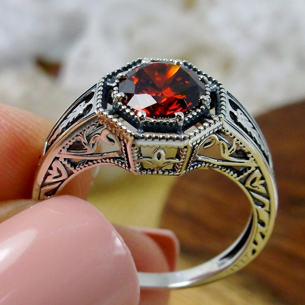 Garnet CZ Ring, Eiffel design, Art Deco Jewelry, Sterling silver Filigree, Silver Embrace Jewelry, #D240