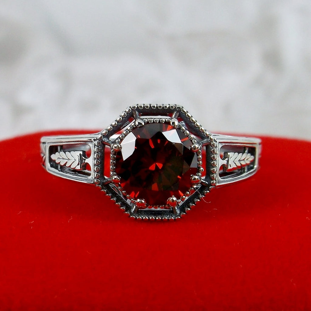 Garnet CZ Ring, Eiffel design, Art Deco Jewelry, Sterling silver Filigree, Silver Embrace Jewelry, #D240