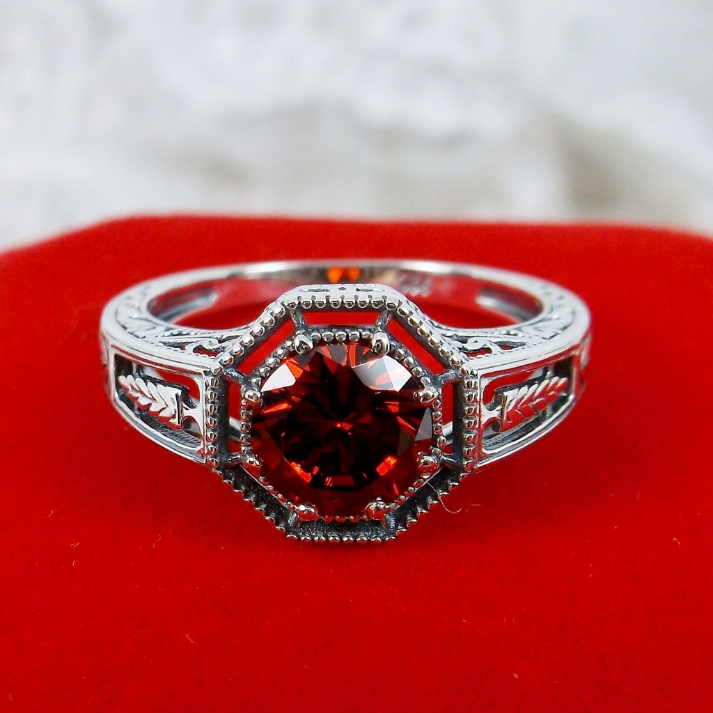 Garnet CZ Ring, Eiffel design, Art Deco Jewelry, Sterling silver Filigree, Silver Embrace Jewelry, #D240