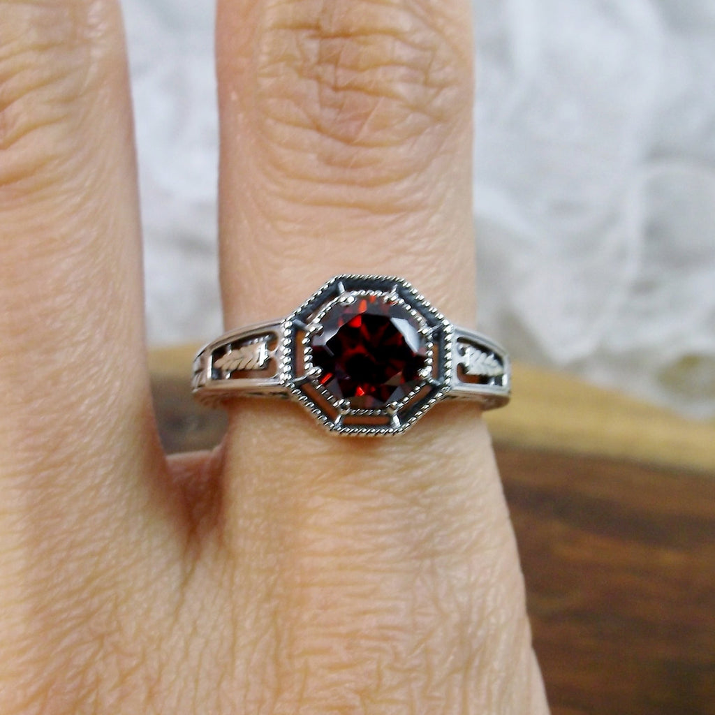 Garnet CZ Ring, Eiffel design, Art Deco Jewelry, Sterling silver Filigree, Silver Embrace Jewelry, #D240