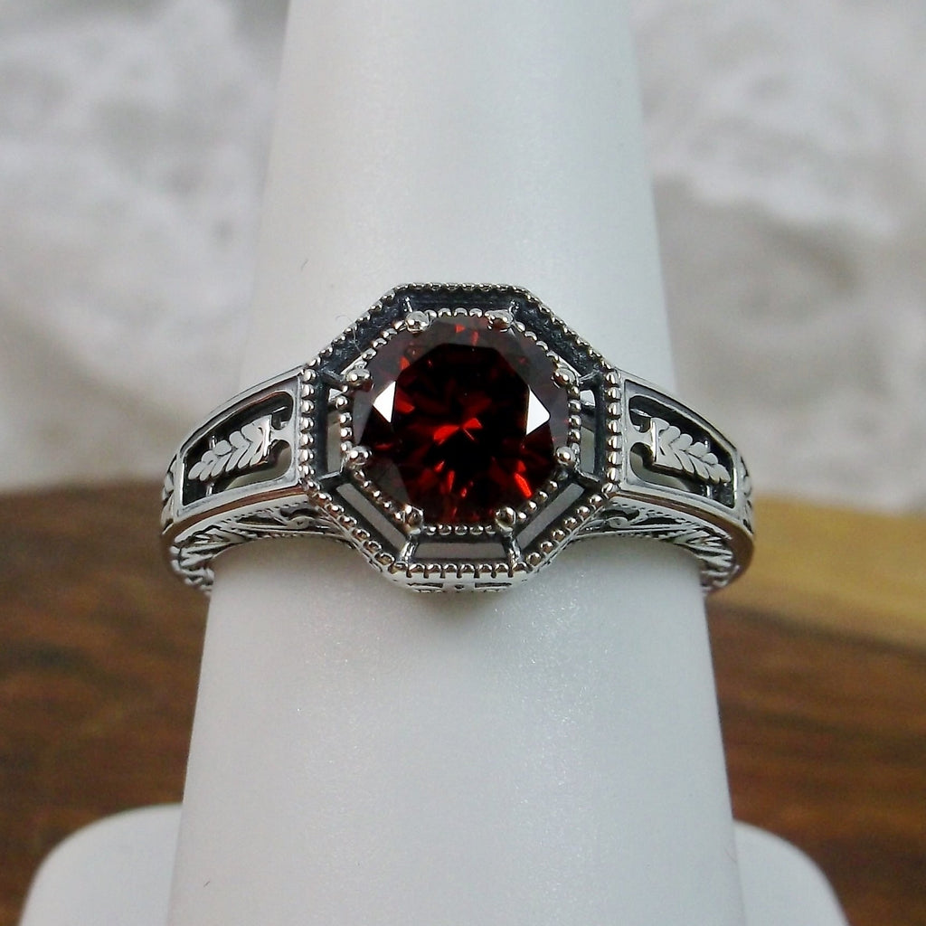 Garnet CZ Ring, Eiffel design, Art Deco Jewelry, Sterling silver Filigree, Silver Embrace Jewelry, #D240