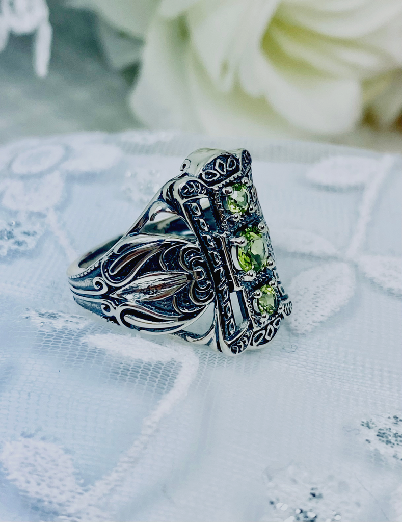 Natural Peridot Ring, Triple Green gem, Sterling Silver Filigree, Edwardian style, 3 Stone Beast, D63, Silver embrace Jewelry