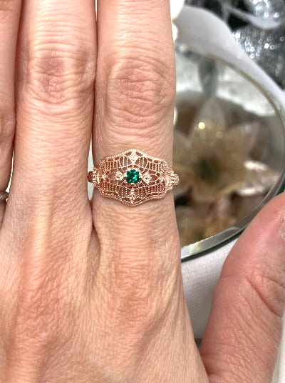 Natural Green Emerald Ring, Art Deco vintage style, solitaire with Rose gold plated sterling silver filigree, Vintage Jewelry, Silver Embrace Jewelry D218 DecoVic