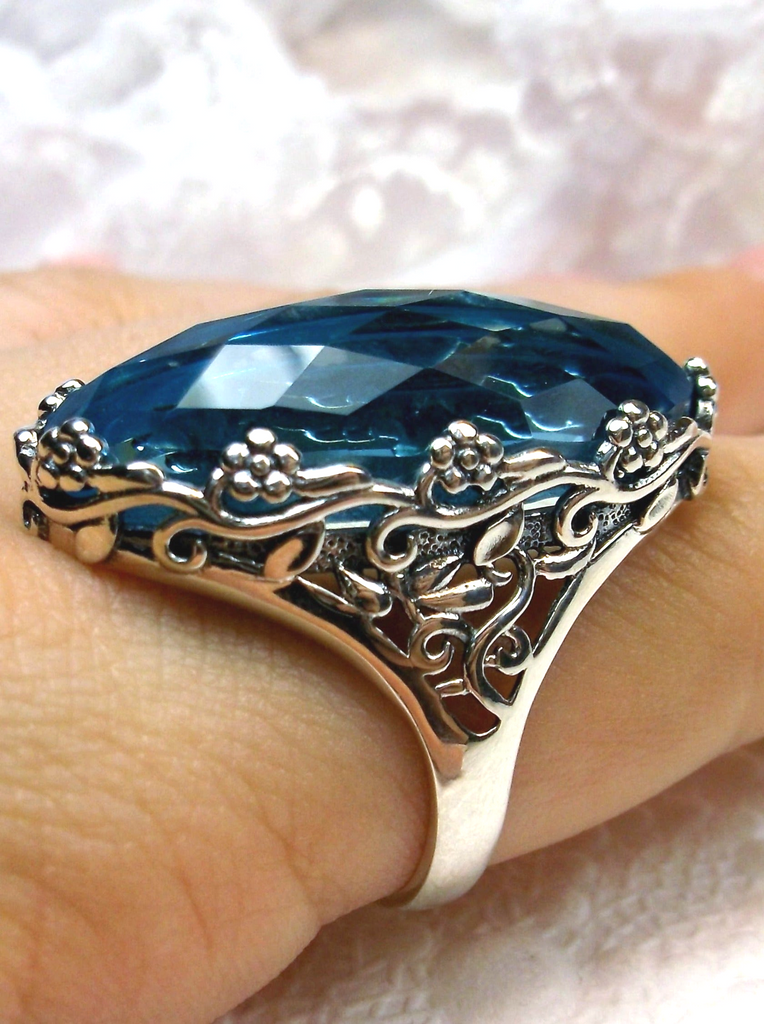 Sky Blue Aquamarine Ring, Vintage Jewelry, Large Oval Gemstone, Rosey, D97, Silver Embrace Jewelry, Sterling Silver Filigree