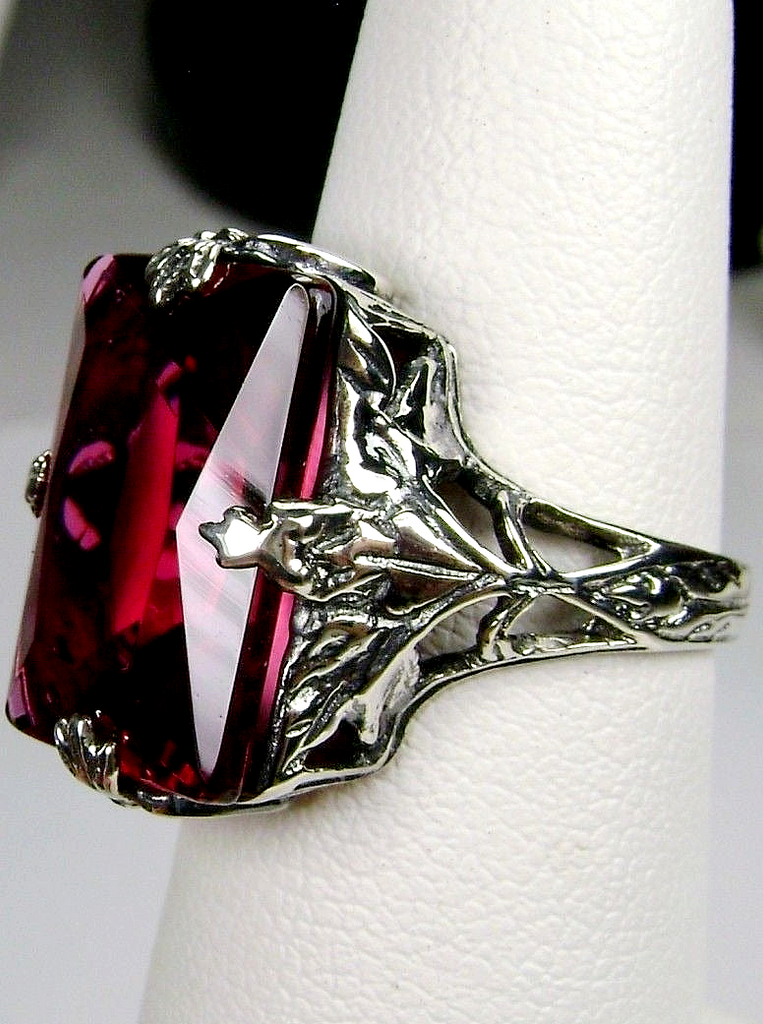 Ruby Ring, Simulated Gemstone, Art Deco 1930s Leaf and floral sterling silver filigree, Reproduction Vintage Jewelry, D15, Silver Embrace Jewelry