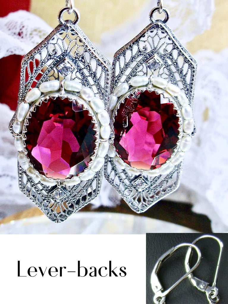 Red Ruby Earrings, Oval Art Deco Earrings, Sterling Silver, Silver Embrace Jewelry E156