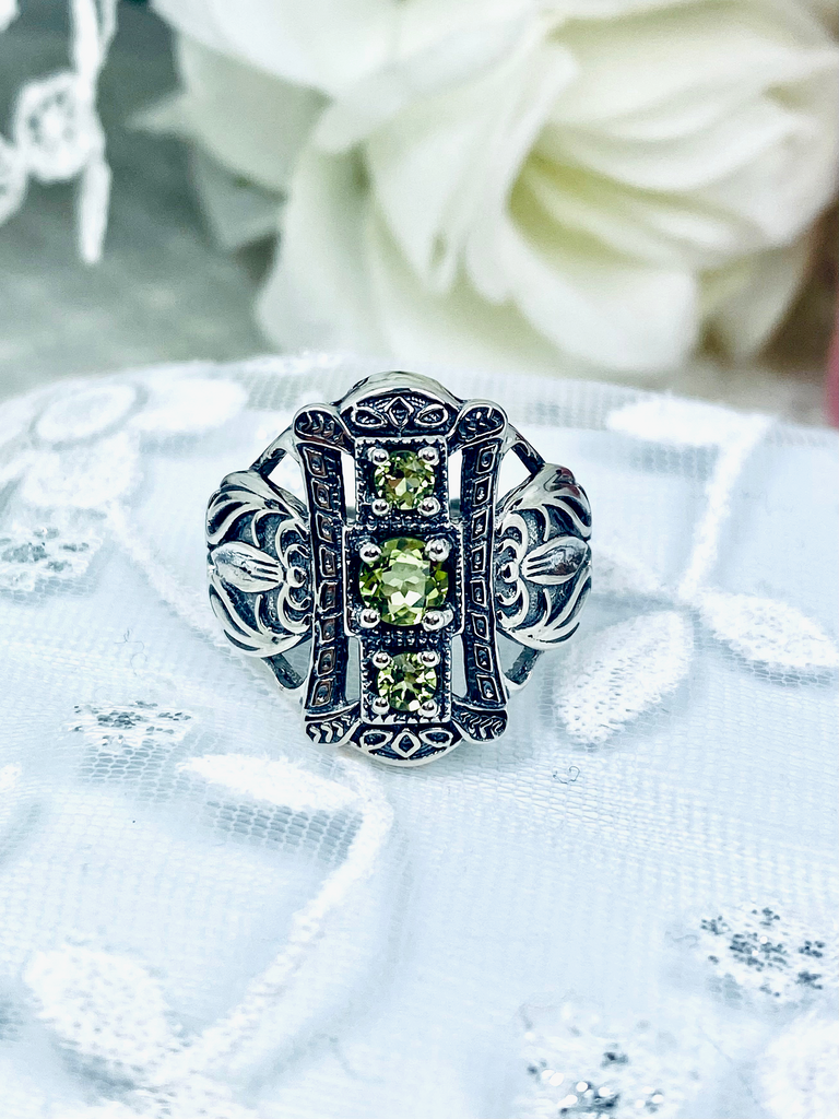 Natural Peridot Ring, Triple Green gem, Sterling Silver Filigree, Edwardian style, 3 Stone Beast, D63, Silver embrace Jewelry