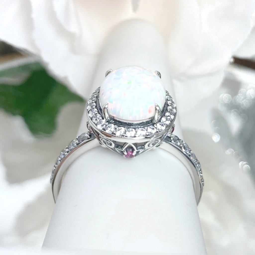 Opal gem ring surrounded by White CZ gemstones, with White CZ gems down the side of the ring, Opal Ring, Art Deco Sterling silver Filigree, D228 | Silver Embrace Jewelry