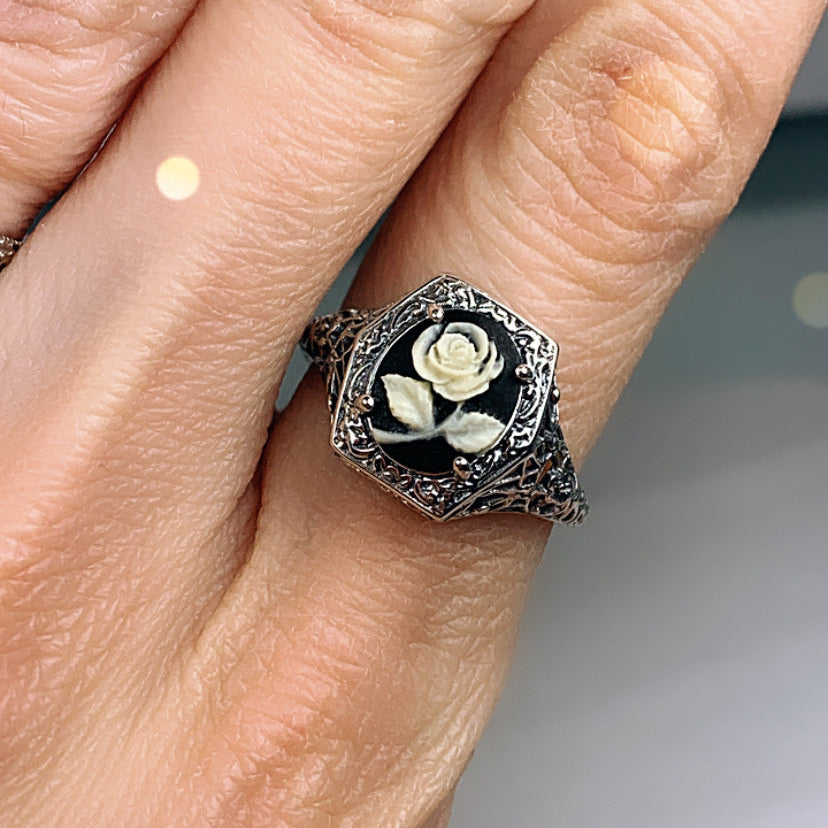 Cameo ring, Black Cameo with Cream/Ivory Rose, Lady design, Sterling Silver Filigree, Edwardian Jewelry, Silver Embrace Jewelry D417