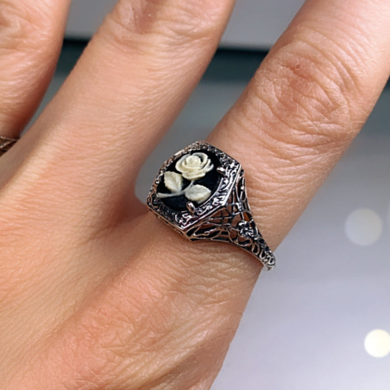 Cameo ring, Black Cameo with Cream/Ivory Rose, Lady design, Sterling Silver Filigree, Edwardian Jewelry, Silver Embrace Jewelry D417