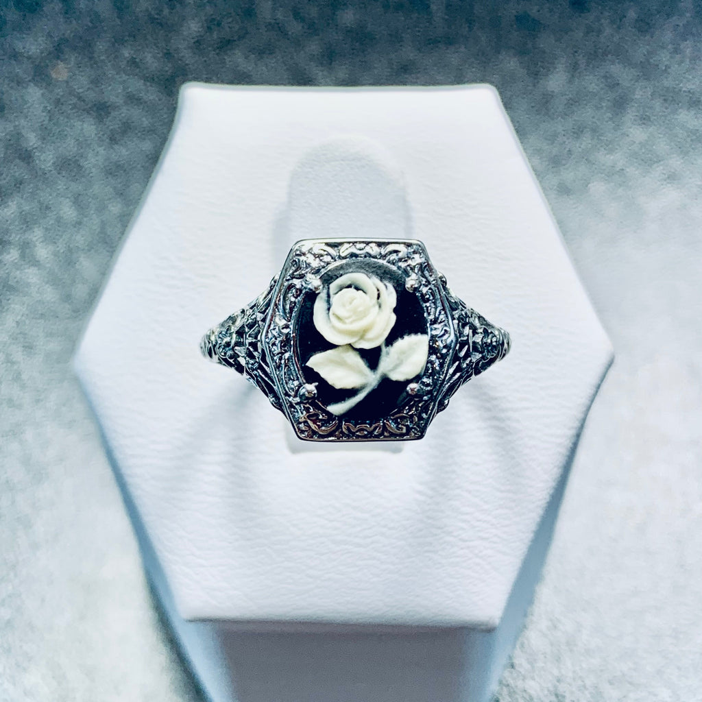 Cameo ring, Black Cameo with Cream/Ivory Rose, Lady design, Sterling Silver Filigree, Edwardian Jewelry, Silver Embrace Jewelry D417