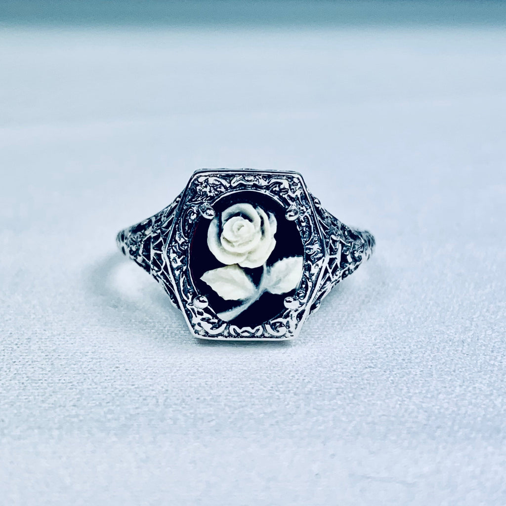 Cameo ring, Black Cameo with Cream/Ivory Rose, Lady design, Sterling Silver Filigree, Edwardian Jewelry, Silver Embrace Jewelry D417