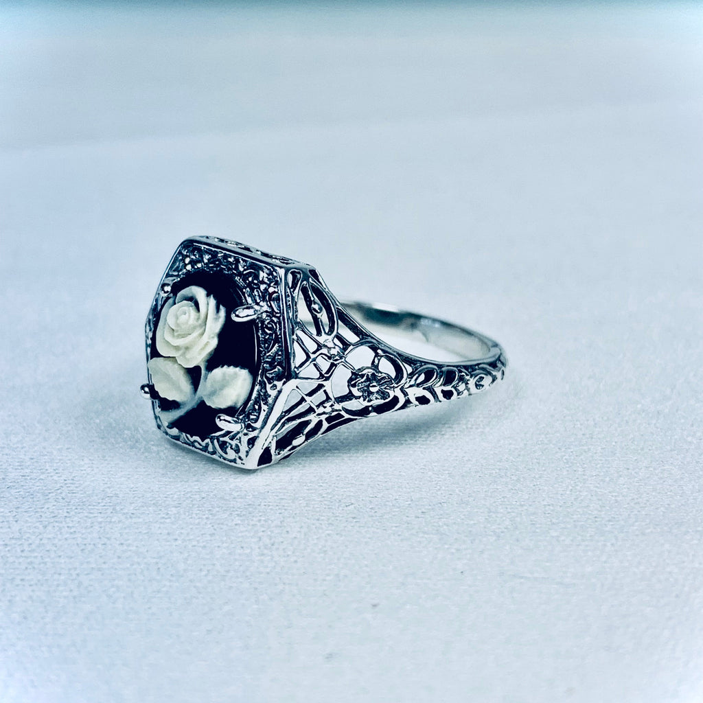 Cameo ring, Black Cameo with Cream/Ivory Rose, Lady design, Sterling Silver Filigree, Edwardian Jewelry, Silver Embrace Jewelry D417