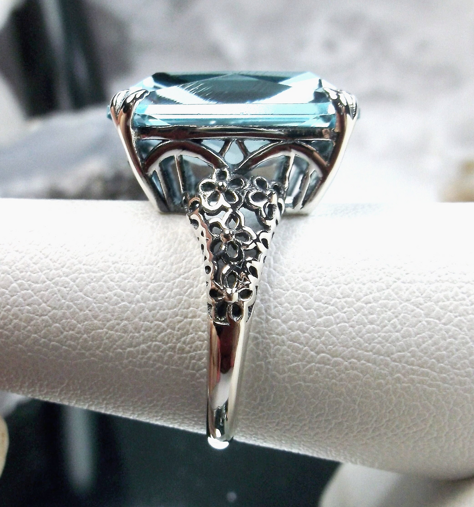 a close up of a ring with a blue stone, Aquamarine ring, Sky Blue Gemstone, cushion Cut, rectangle gemstone, Floral Vintage Sterling silver Filigree, Silver Embrace Jewelry, D224