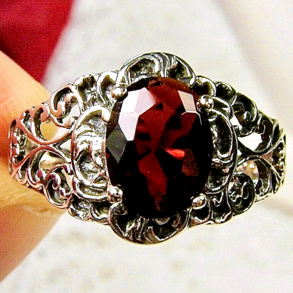 Natural Garnet Ring, oval Red Gemstone in Sterling Silver Filigree, Art Nouveau Jewelry, Silver Embrace Jewelry, #D14