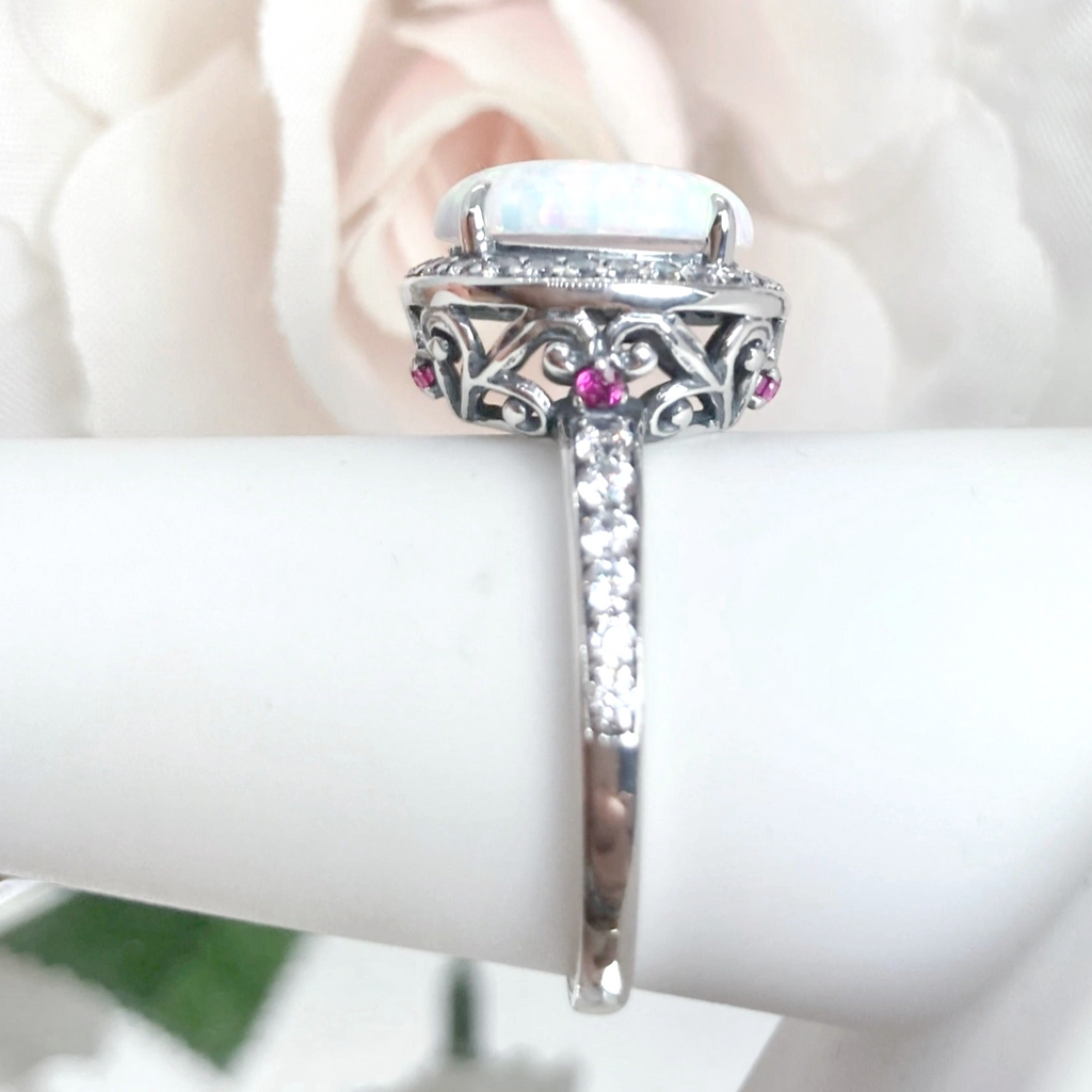 Opal gem ring surrounded by White CZ gemstones, with White CZ gems down the side of the ring, Opal Ring, Art Deco Sterling silver Filigree, D228 | Silver Embrace Jewelry